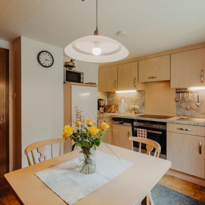 Helle Wohnküche der Ferienwohnung Hochjoch, Blick von Essbereich auf moderne Küchenzeile