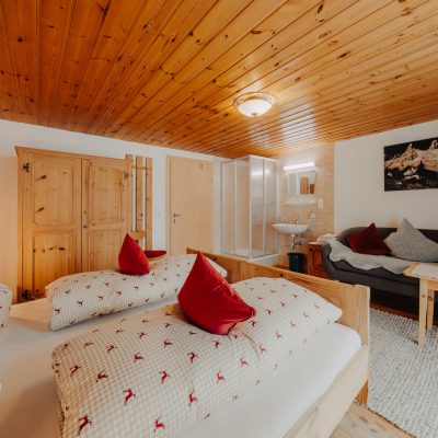erstes Schlafzimmer der Ferienwohnung Mittagspitze mit Holzdecke, Blick vom Doppelbett auf hellen Kleiderschrank aus Holz, Dusche, Waschbecken und graues Sofa
